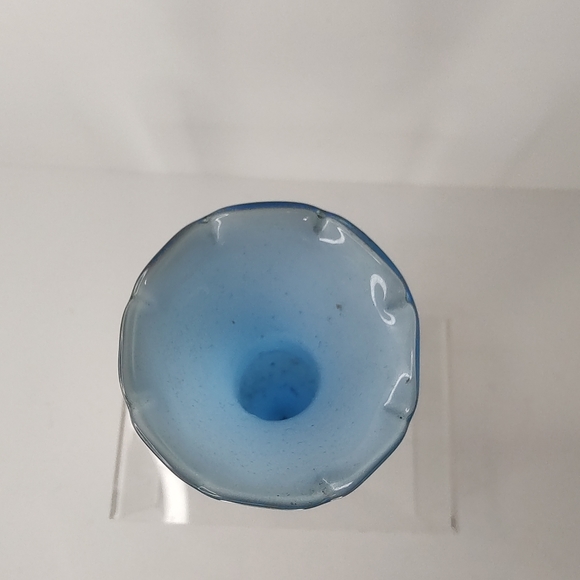 Aqua Blue 8” Ruffled White Delicate Pedestal Vase Blown Glass - Picture 2 of 8